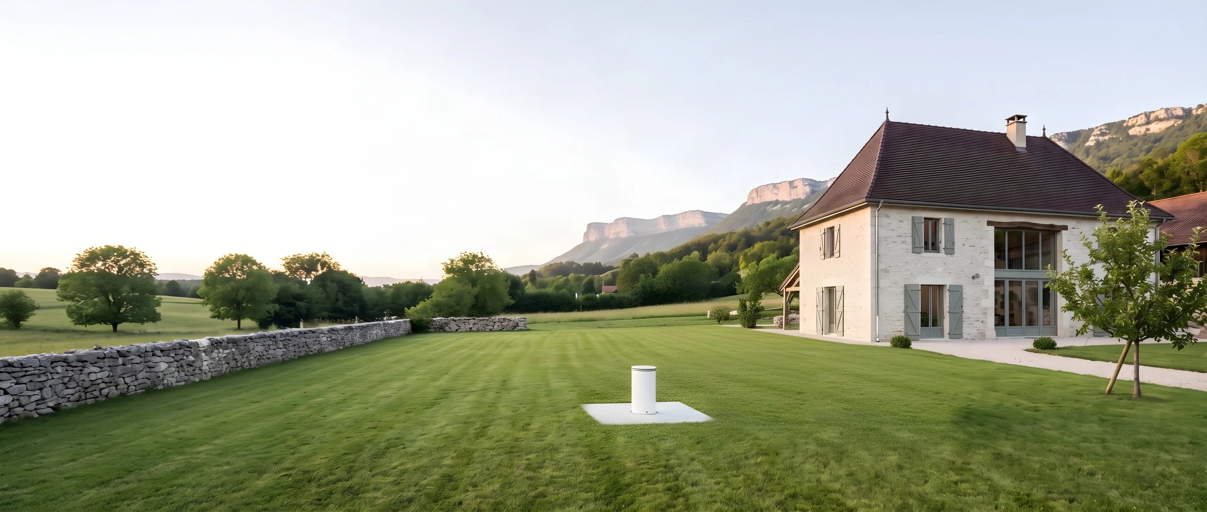Tête de forage finie au milieu de la pelouse, la pompe immergée descendue dans le tubage