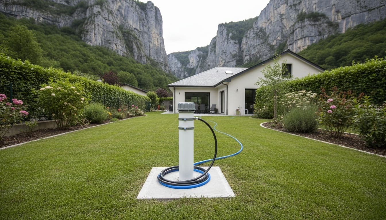 Jardin au fond de la cluse de Voreppe, falaises calcaires des deux côtés et forage fini sur sa dalle