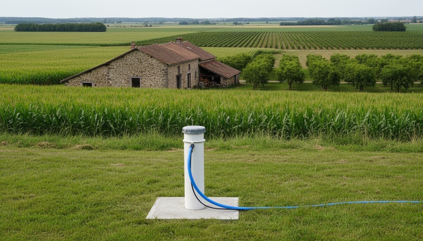Plaine de Bièvre, champs de maïs, noyers et ferme en galets roulés, forage terminé au premier plan