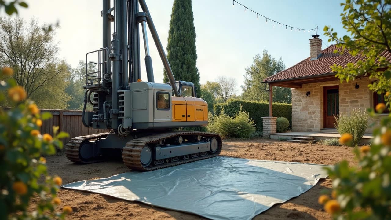 Foreuse sur chenilles installée sur une bâche dans un jardin, prête à forer le puits