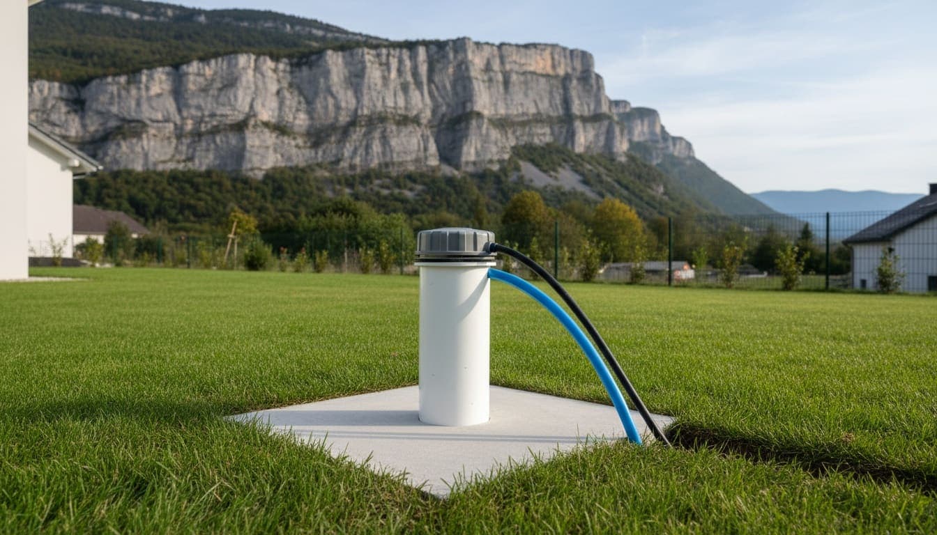 Forage fini sur dalle béton dans un jardin de Crolles, la falaise calcaire de la Chartreuse en fond