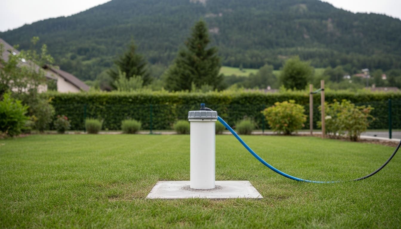 Tubage blanc et capot gris sur une petite dalle, jardin clos de l'agglomération grenobloise au pied d'un versant boisé