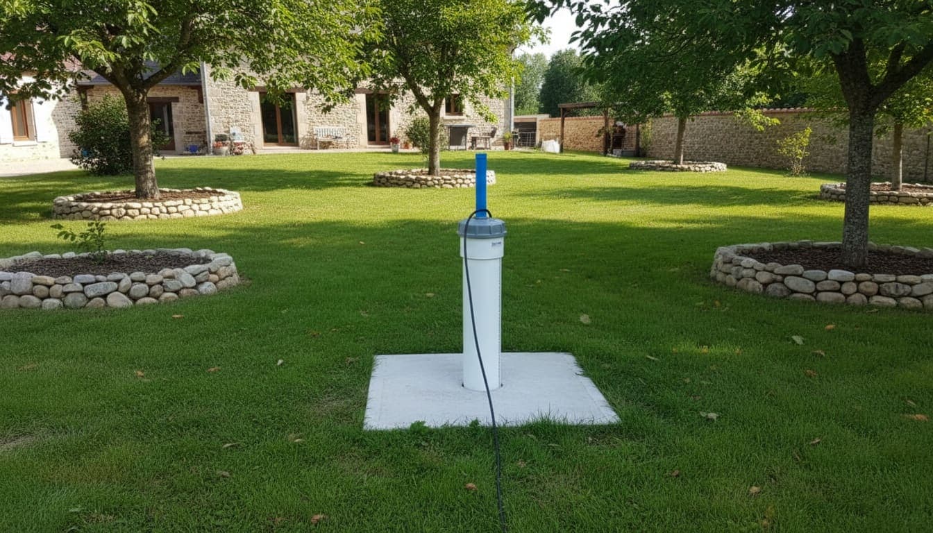 Forage terminé entre les arbres d'un jardin de la plaine de Bièvre, massifs bordés de galets roulés et maison en pierre