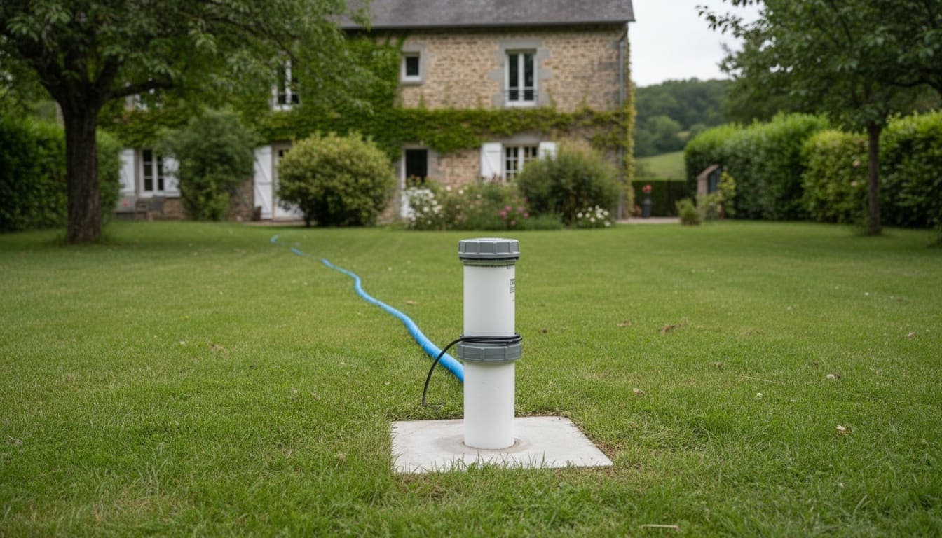 Tête de forage sur dalle au fond du jardin d'une maison en pierre couverte de lierre, bocage autour de La Tour-du-Pin