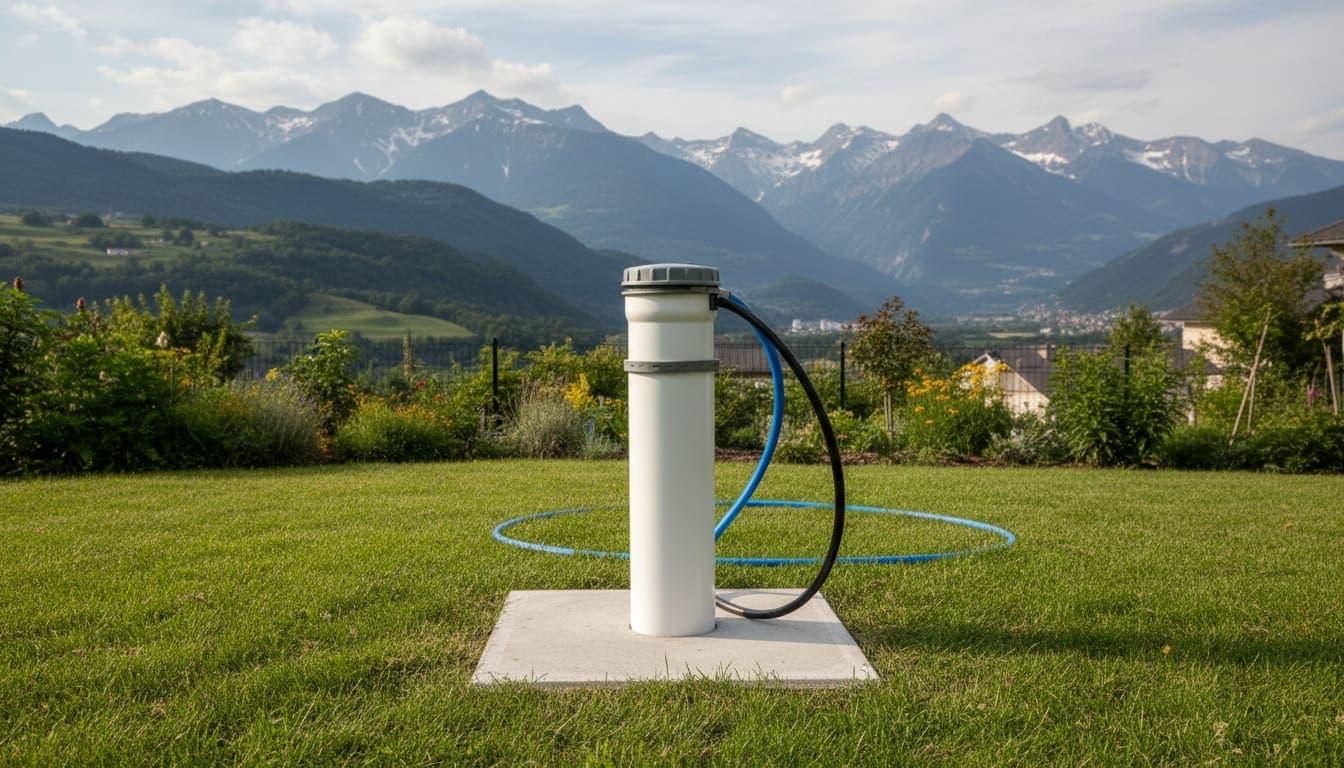 Tête de forage sur sa dalle dans un jardin dégagé de Pontcharra, sommets de Belledonne à l'horizon