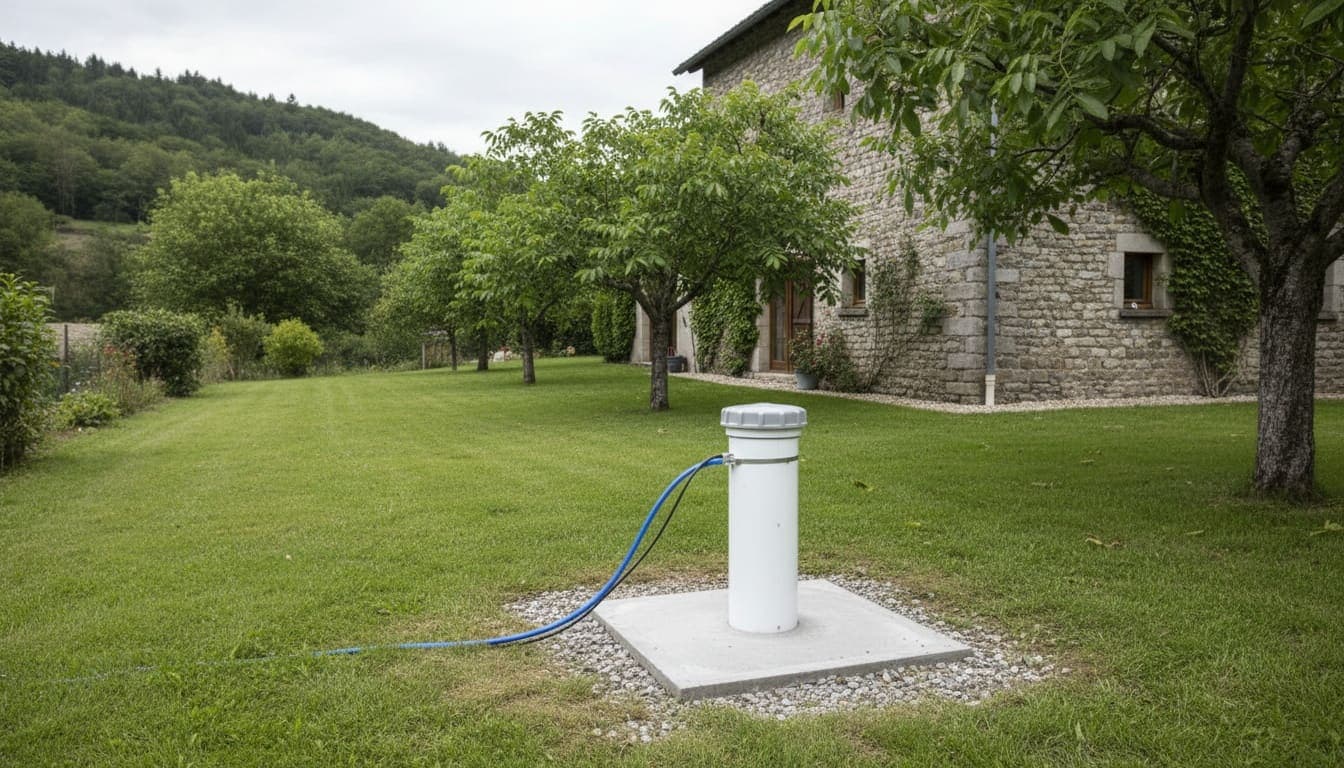 Forage terminé sur dalle gravillonnée, noyers et maison en pierre dans la vallée de l'Isère à Tullins
