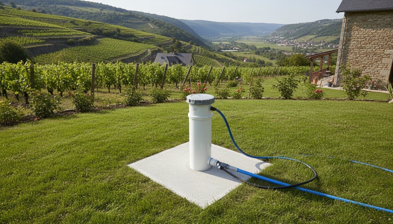 Tête de forage dans un jardin en pente au-dessus du Rhône, vignes en terrasses autour de Vienne