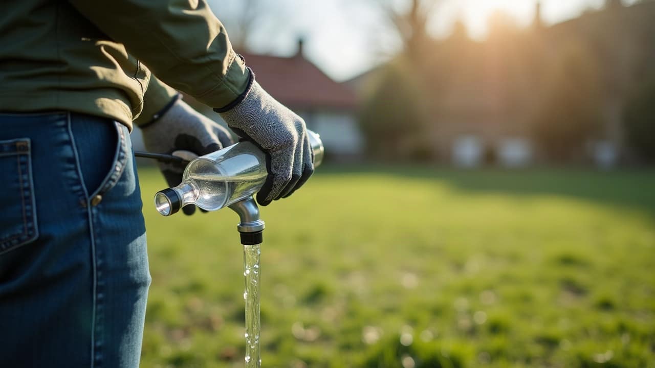 Bouteille de prélèvement remplie au robinet d'une tête de forage neuve, main gantée vue de côté