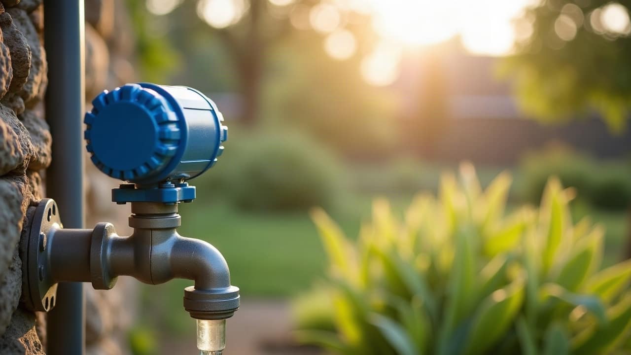 Compteur d'eau neuf monté sur une conduite propre à la sortie d'une tête de forage, potager en arrière-plan