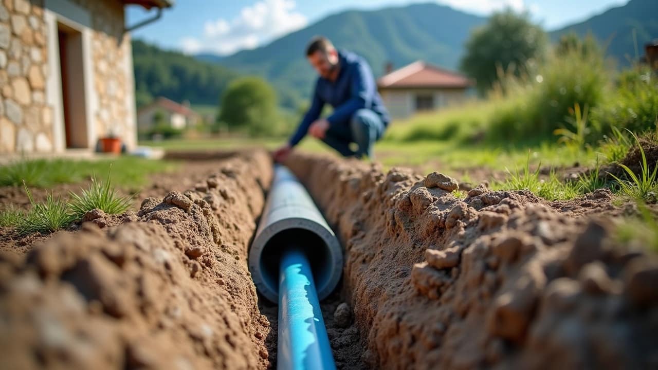Tête de sonde géothermique neuve sortant d'une tranchée propre devant une maison en pierre, tuyaux bleus alignés