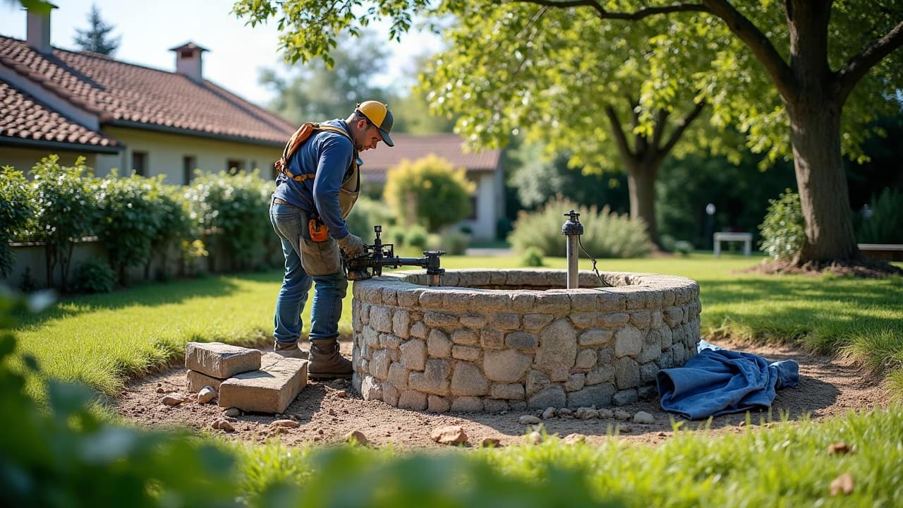Puits ancien en pierre ouvert avec margelle nettoyée et échafaudage léger, dans un jardin clos de l'Isère