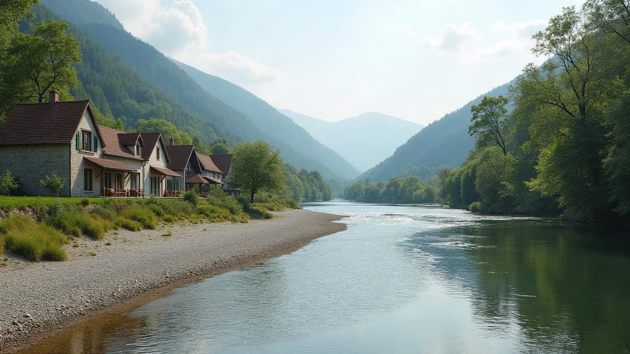 Rive de l'Isère dans le Grésivaudan, bancs de galets clairs au bord de l'eau et coteaux boisés au loin