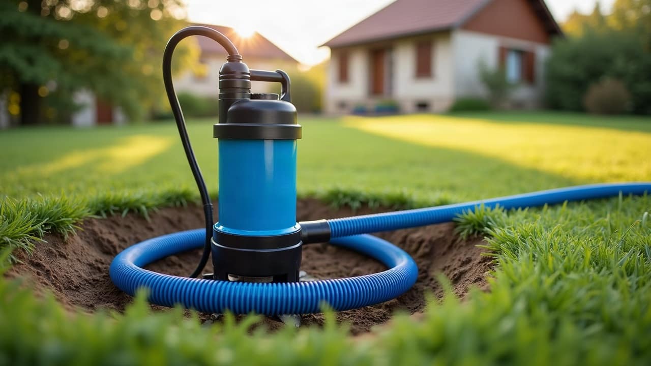 Pompe immergée raccordée à son tuyau et à son câble, prête à descendre dans un forage de jardin