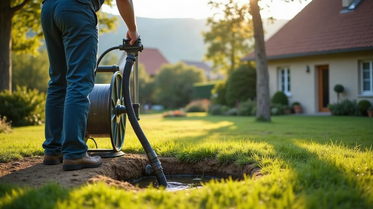 Technicien vu de dos descendant une pompe immergée dans un forage tubé, au milieu d'une pelouse