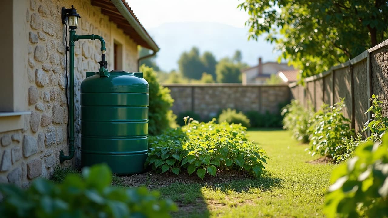 Cuve de stockage verte reliée à une pompe solaire, à l'angle d'un potager clos en Isère