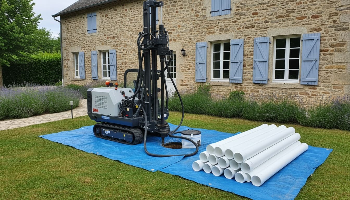 Foreuse sur chenilles posée sur une bâche devant une maison en pierre, tubes PVC blancs empilés à côté