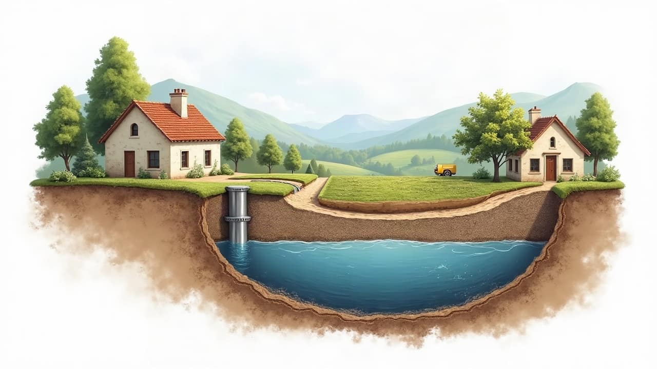 Coupe dessinée du sous-sol montrant une couche d'argile au-dessus de graviers gorgés d'eau et un forage tubé qui la traverse