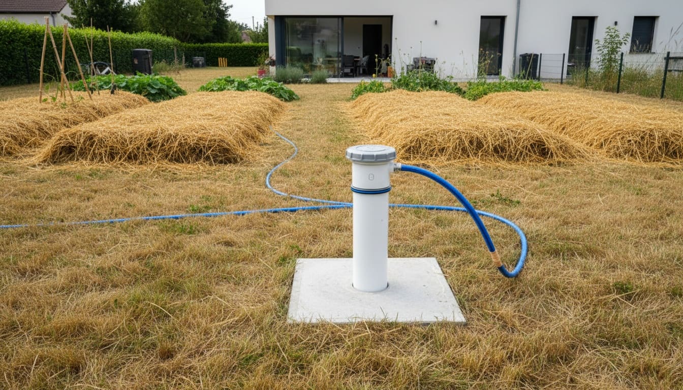 Tête de forage dans un jardin jauni par la sécheresse, potager paillé de foin derrière