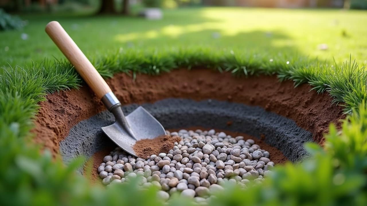 Couches de terre, de limon et de galets visibles dans une fosse propre au fond d'un jardin de l'Isère